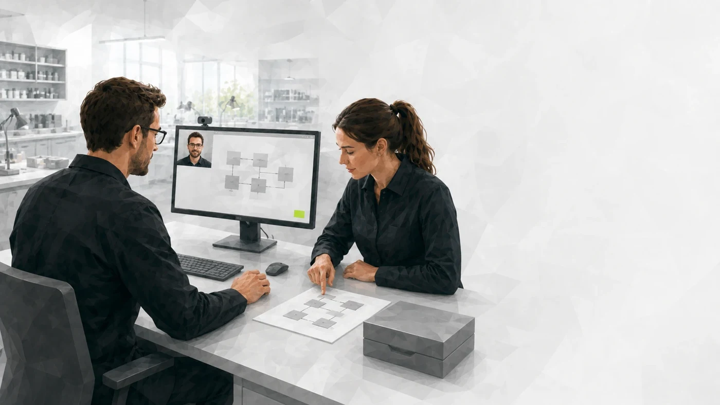 Team im Videocall bespricht ein Übergabe-Board. Illustration im Polygon-Stil.
