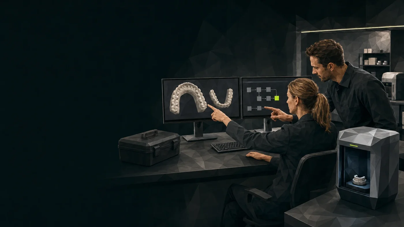 Zwei Techniker vor zwei Monitoren, links der Scan, rechts der Ablauf mit einem markierten Schritt. Illustration im Polygon-Stil.