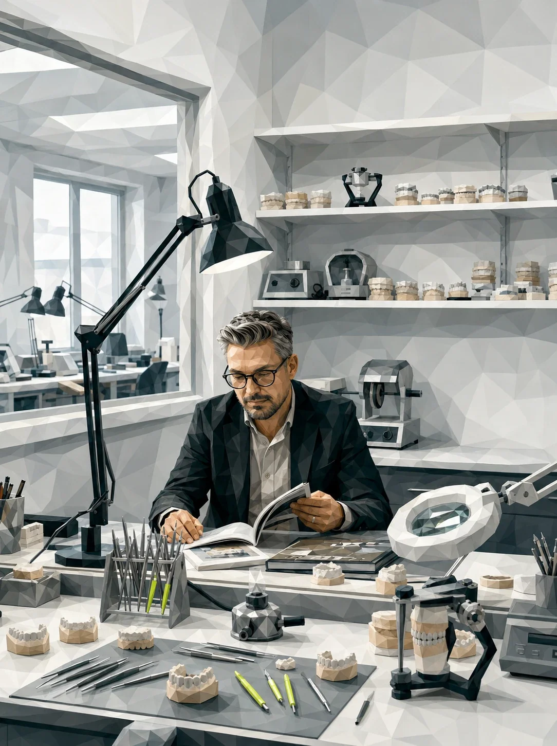 Philipp Butz an der Laborbank mit Modellen und Werkzeugen. Illustration im Polygon-Stil.