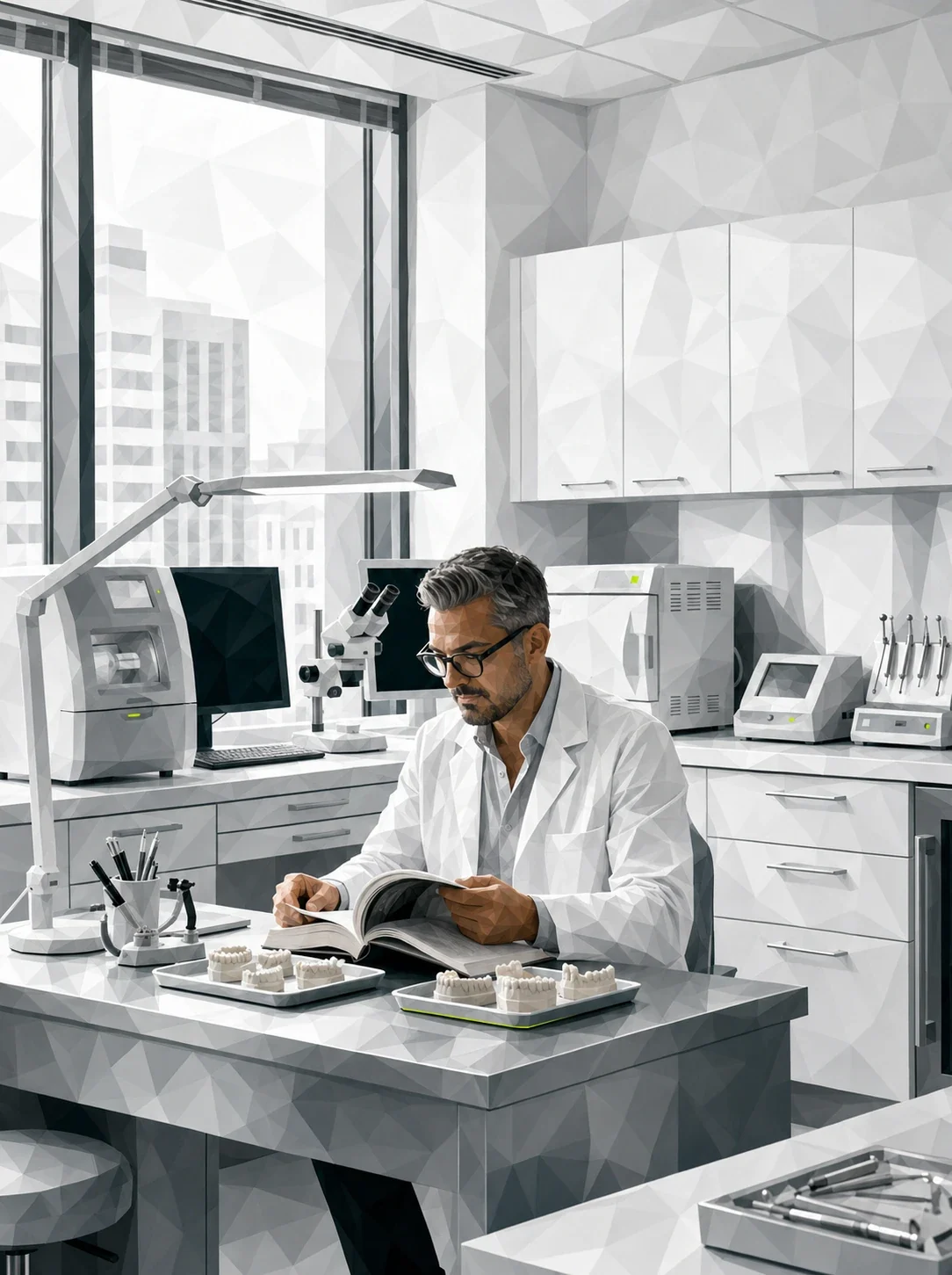 Philipp Butz im weißen Kittel liest an der Laborbank. Illustration im Polygon-Stil.