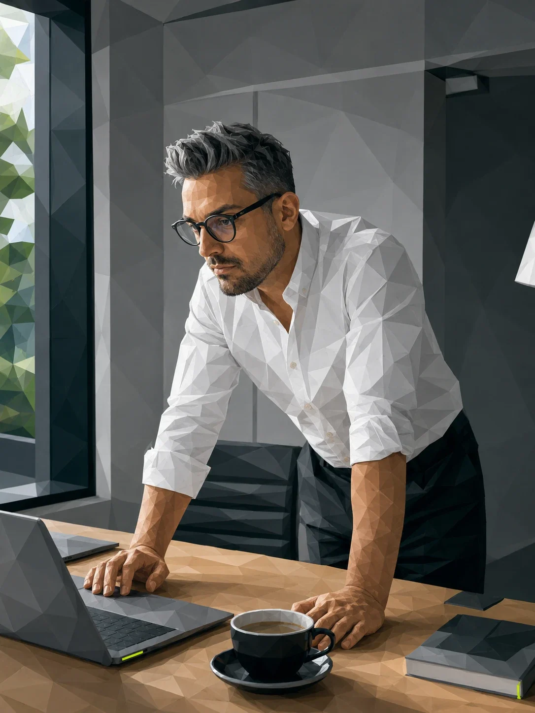 Philipp Butz steht am Schreibtisch und arbeitet am Laptop. Illustration im Polygon-Stil.