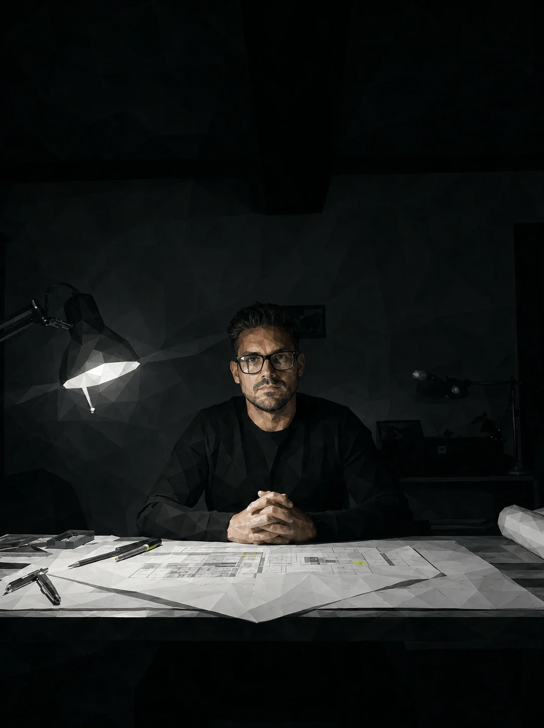 Philipp Butz am Tisch über einem Plan, Lampe an. Illustration im Polygon-Stil.