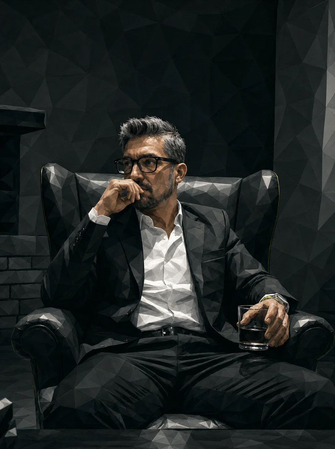 Philipp Butz im Sessel, nachdenklich, ein Glas in der Hand. Illustration im Polygon-Stil.