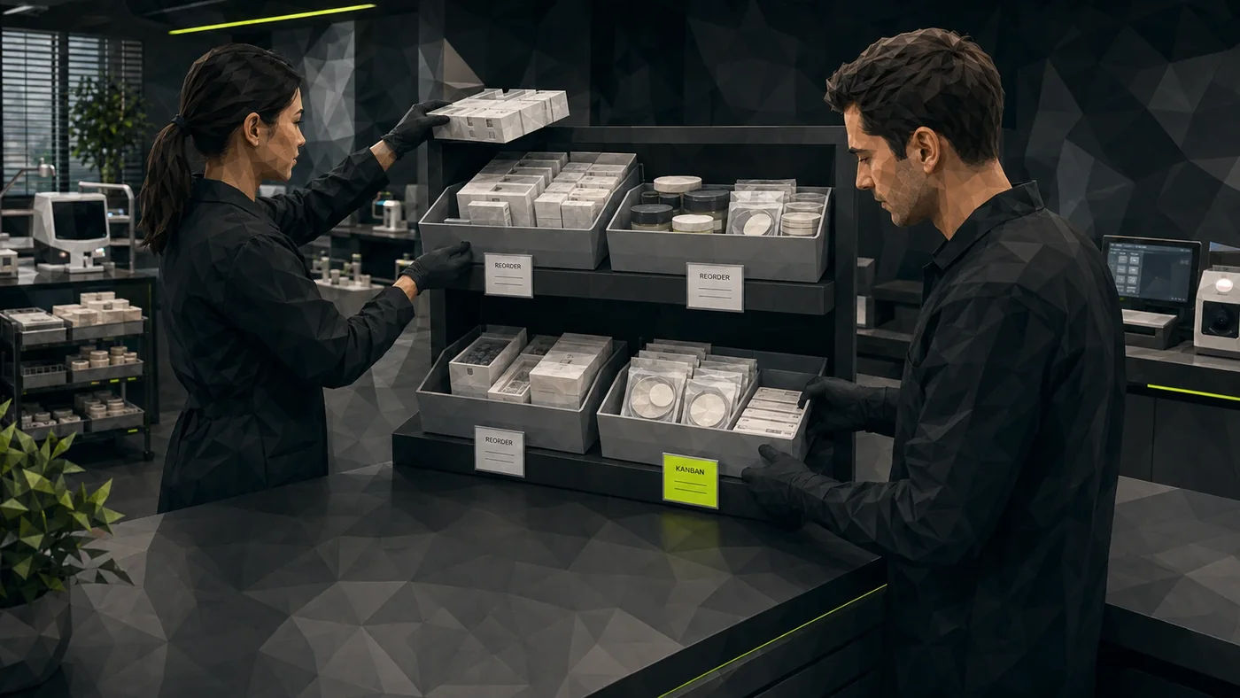 Zwei Techniker am Kanban-Regal mit beschrifteten Materialkisten. Illustration im Polygon-Stil.