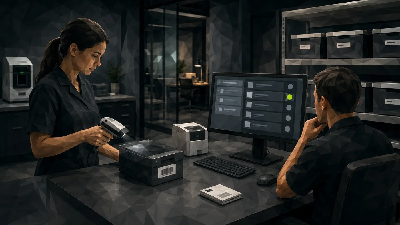 Technikerin scannt eine Fallbox, am Monitor daneben der Status jedes Falls. Illustration im Polygon-Stil.