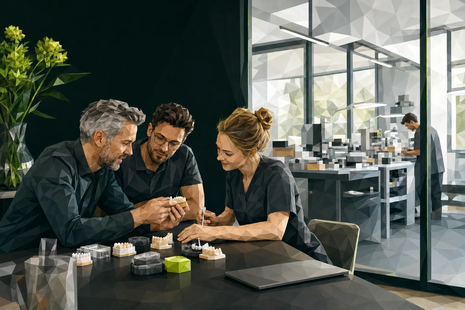 Drei Techniker besprechen ein Modell am Tisch, dahinter das Labor. Illustration im Polygon-Stil.