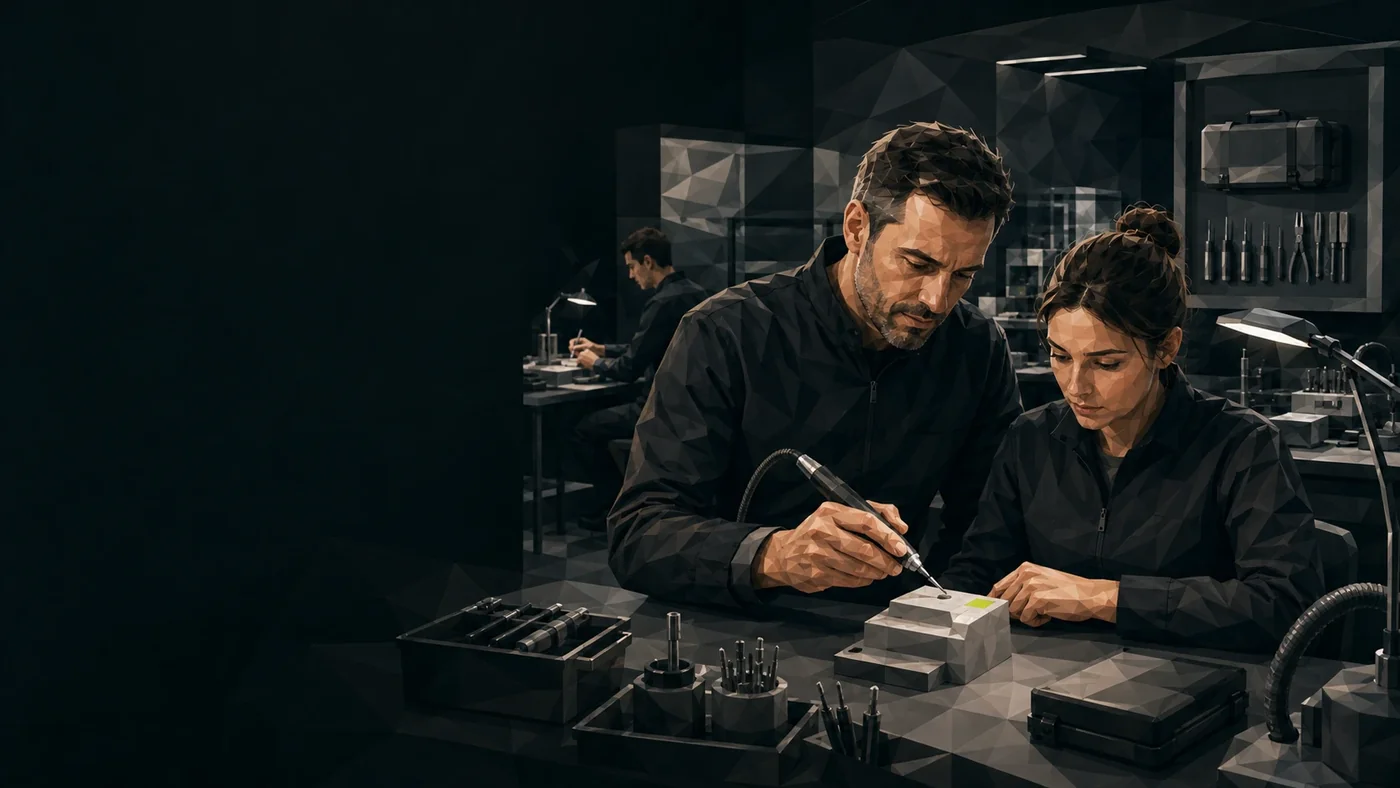 Erfahrener Techniker zeigt einer Kollegin einen Arbeitsschritt an der Fräse. Illustration im Polygon-Stil.