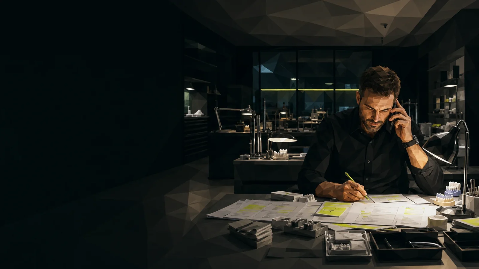 Laborinhaber telefoniert abends am Schreibtisch und markiert Unterlagen. Illustration im Polygon-Stil.
