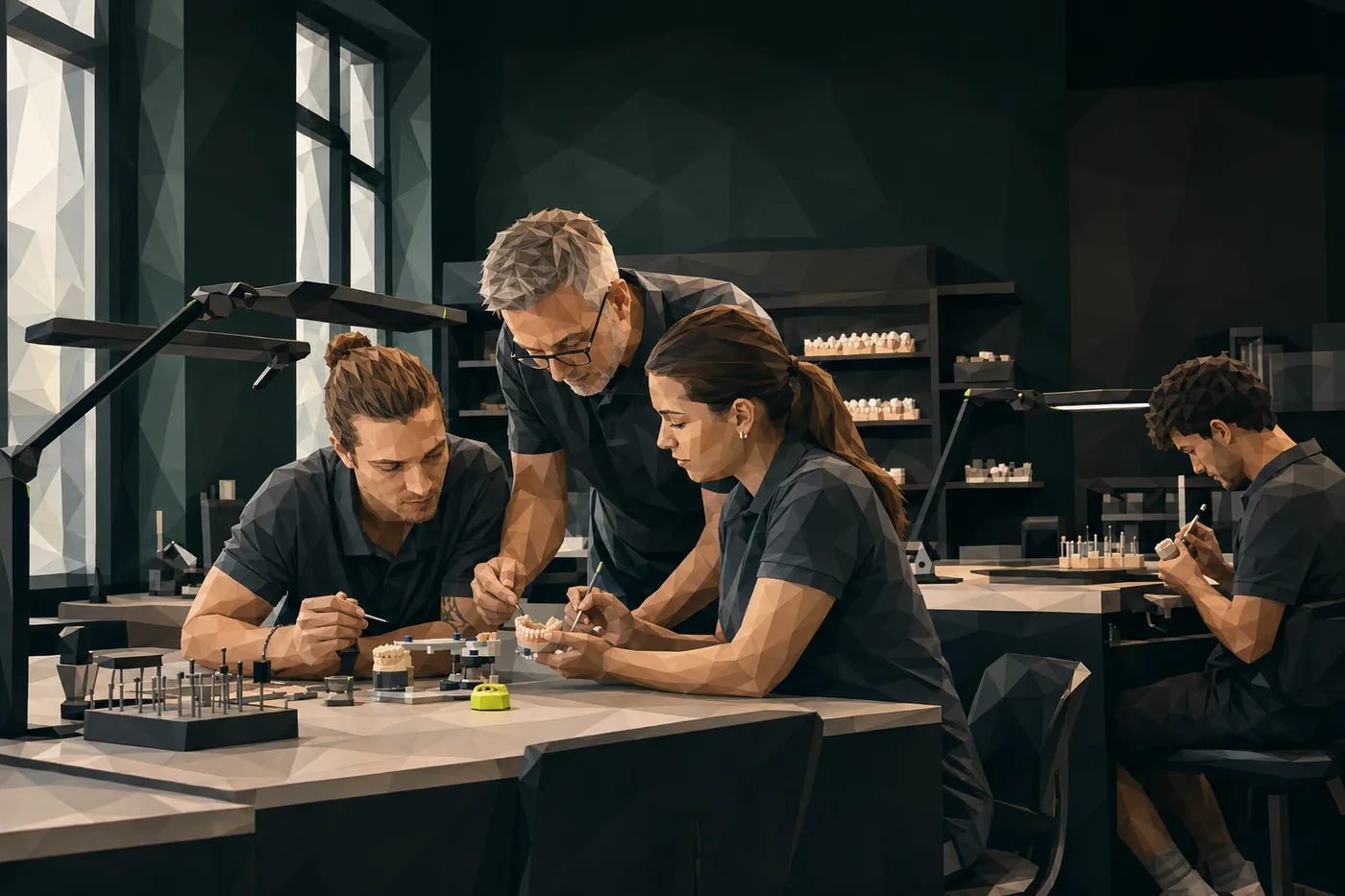 Das Team arbeitet an der Bank, der Inhaber steht dahinter und lässt arbeiten. Illustration im Polygon-Stil.