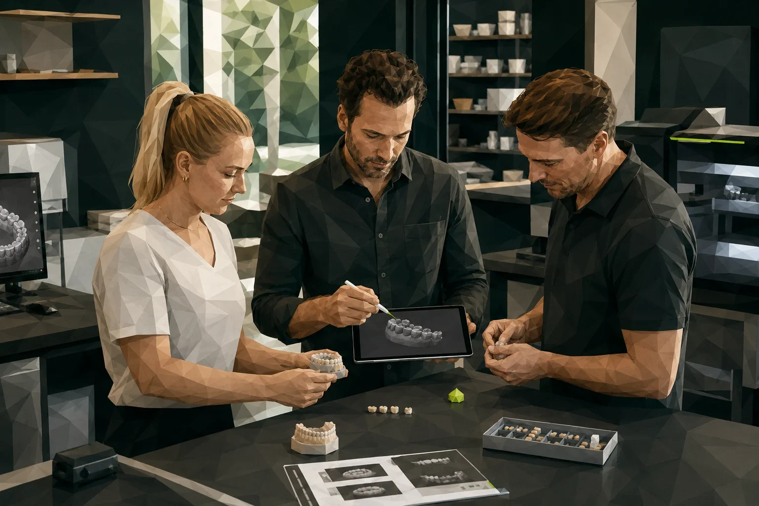 Team steht um ein Tablet mit einem digitalen Modell. Illustration im Polygon-Stil.